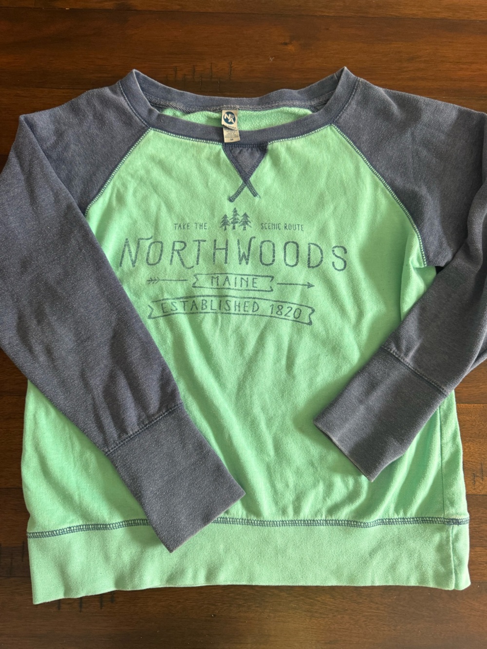Maine Northwoods Graphic Raglan Sweater Top - Teal & Blue